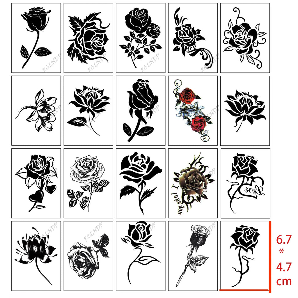 20 Pcs Waterproof Temporary Tattoo Sticker Black Flower Rose Lotus Planet Ins Flash Tatoo Fake Tatto for Men Women Girl - Sun Studio