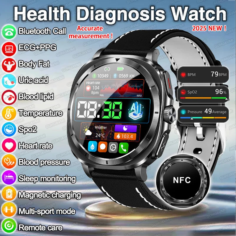 New ECG Laser Diagnosis Blood pressure Smart Watch Accurate Uric Acid Lipid Organ monitor Clock NFC Call Health Men Watches 2025 - Sun Studio