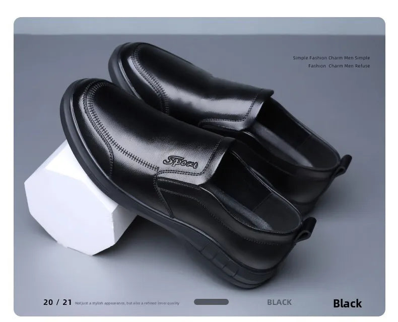 Pure Black Casual Men's Shoes Slip-On Driving Soft Bottom Anti-Slip Leather Shoes Breathable round Toe Flat Heel PVC Outsole - Sun Studio
