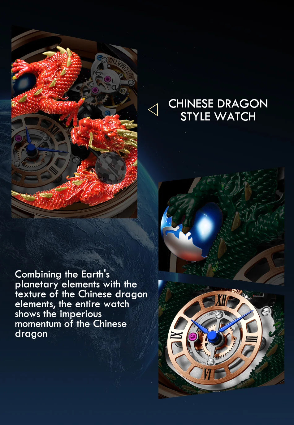 PINDU Design New 3D Dragon Earth Theme Quartz Watches Men Celestial Series Curved Mirror Transparent Design Watch Wristwatches - Sun Studio
