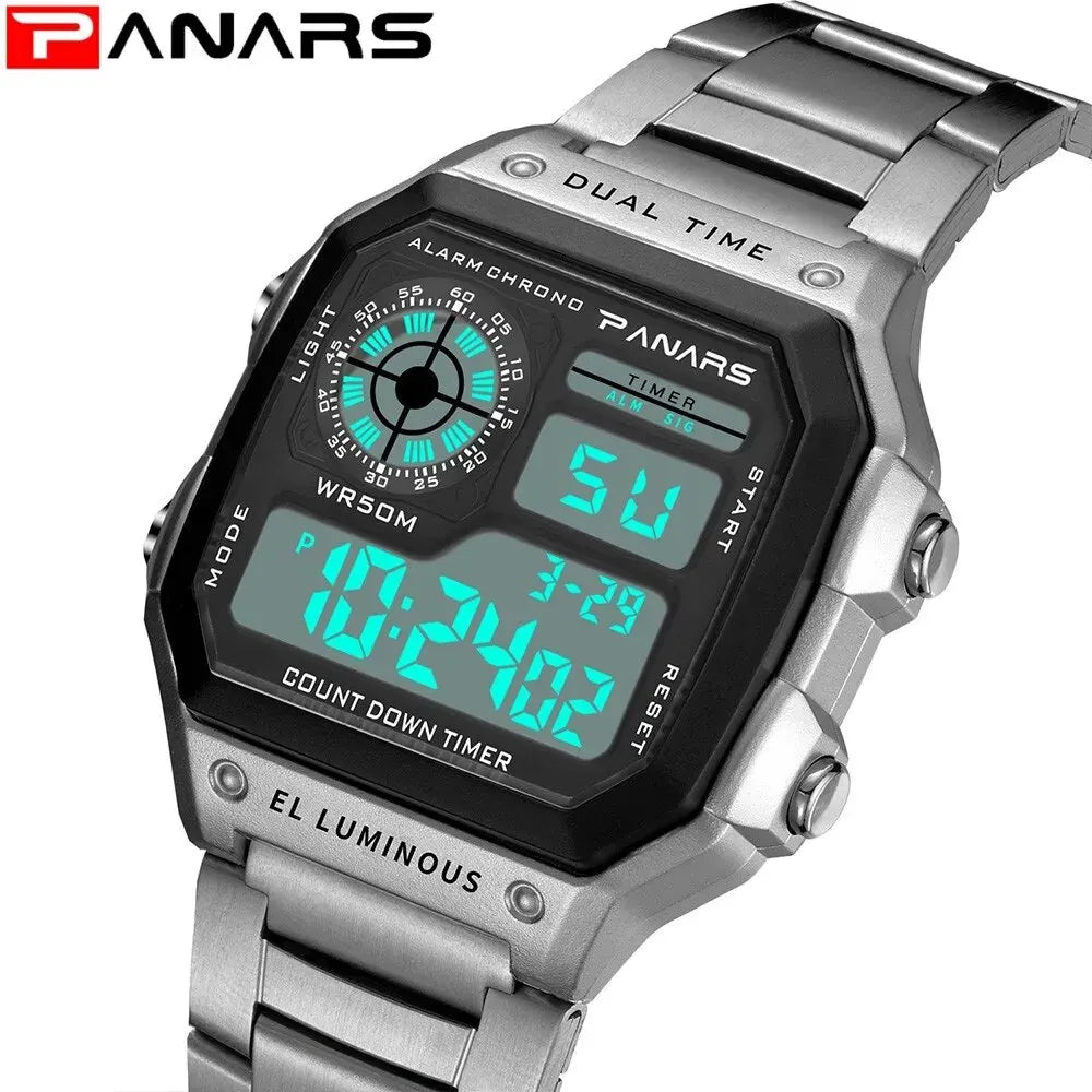 PANARS Top Luxury Stainless Steel Strap Sport Watches Mens Waterproof Back Light Digital Wristwatch Male Alarm - Sun Studio
