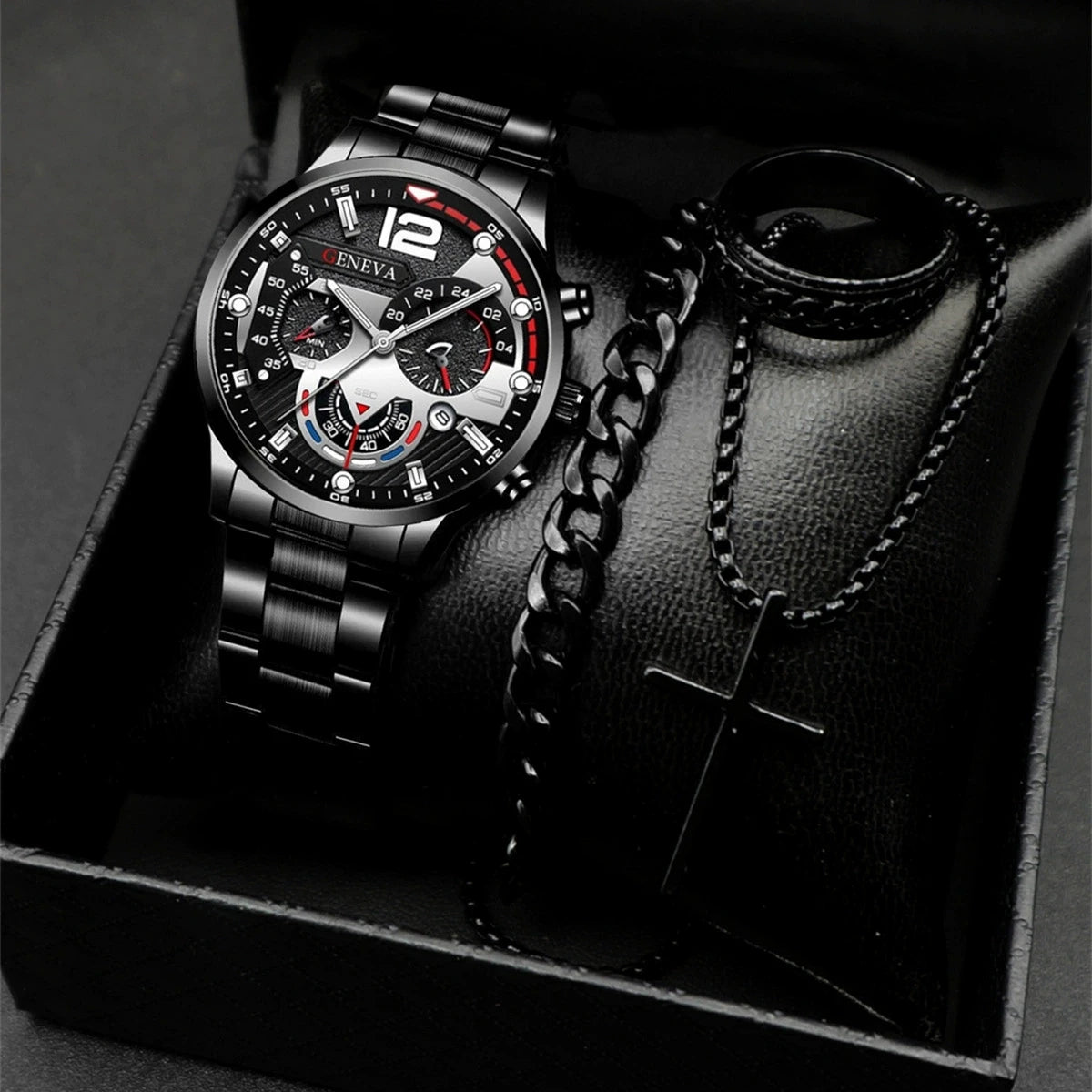 4PCS/Set Fashion Men's Watch Casual Gold Steel Band Analog Male Quartz Watches Jewelry Set（Without Box） - Sun Studio
