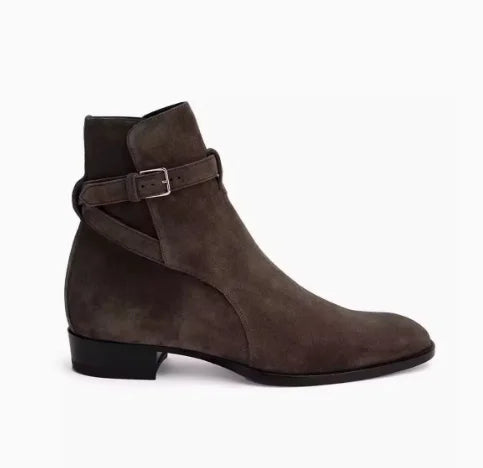 Black Pointed Toe Buckle Strap Ankle Boots Grey Men Hombre Genuine Leather Men Motorcycle Boots For Men Work High Top Men Shoes - Sun Studio