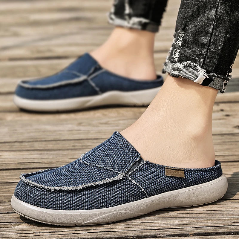 Casual Slip on Mens Shoes Outdoor Walking Comfortable Canvas Slippers Korean Trend Baotou Half Drag Slides Zapatillas Hombre - Sun Studio