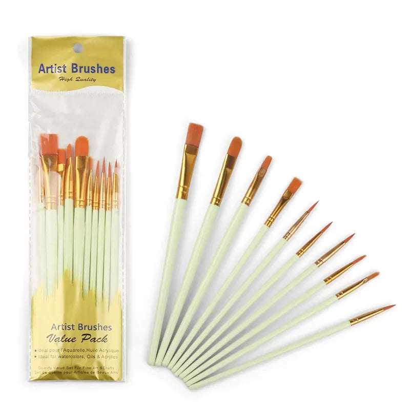 10-Piece Artist Paint Brush Set - Nylon Bristle Brushes for Watercolor/Acrylic/Oil Painting (Value Pack) - Sun Studio