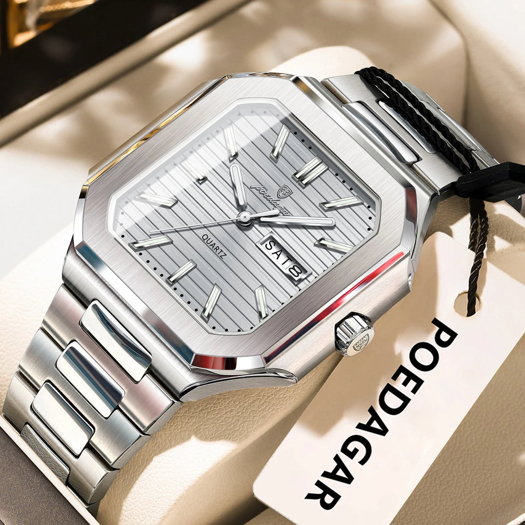 POEDAGAR Square Fashion Man Wristwatch Waterproof Luminous Date Week Quartz Men's Watches Stainless Steel Luxury Men Watch Reloj - Sun Studio