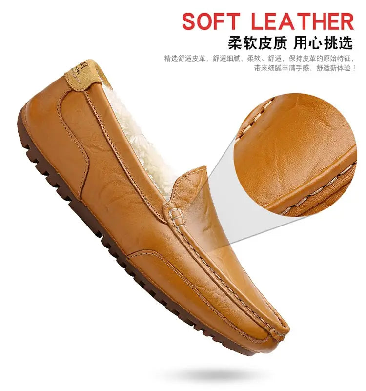 Winter Fur Loafers Men Casual Shoes Cotton Leather Dress Shoes Slip-on Flats Plush Man Moccasins Fleece Lined Driving Shoes - Sun Studio