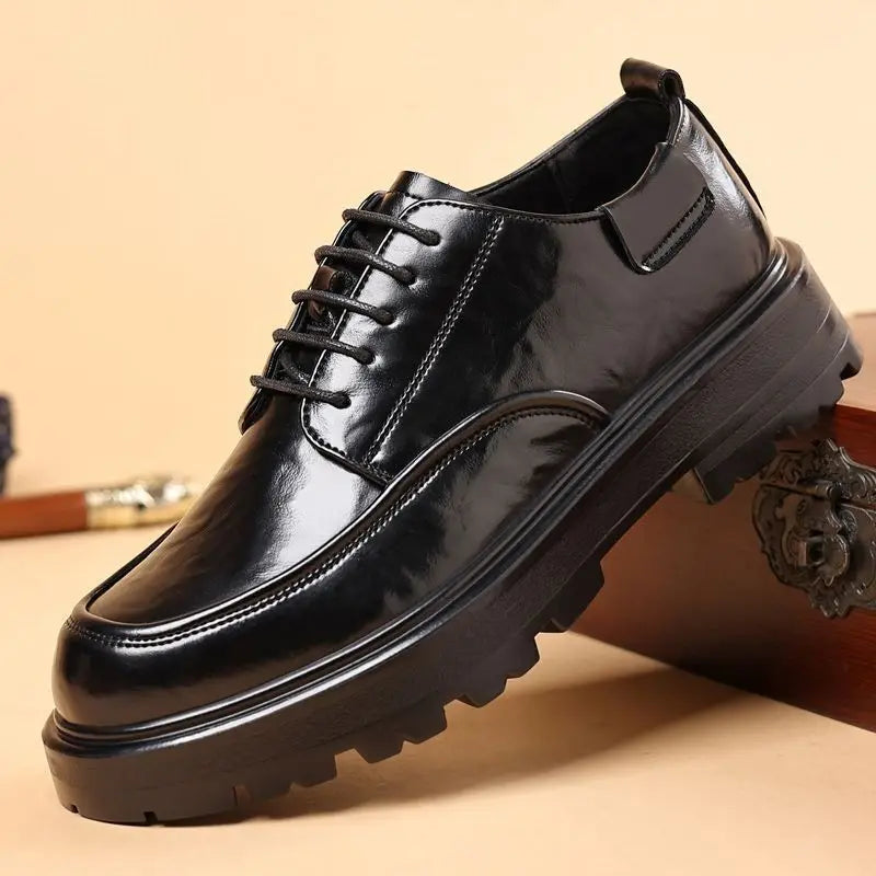Round Toe Height Increasing Thick Sole Black Leather Shoes for Men Low Price High Quality Social Fashion New in Man Casual Shoe - Sun Studio