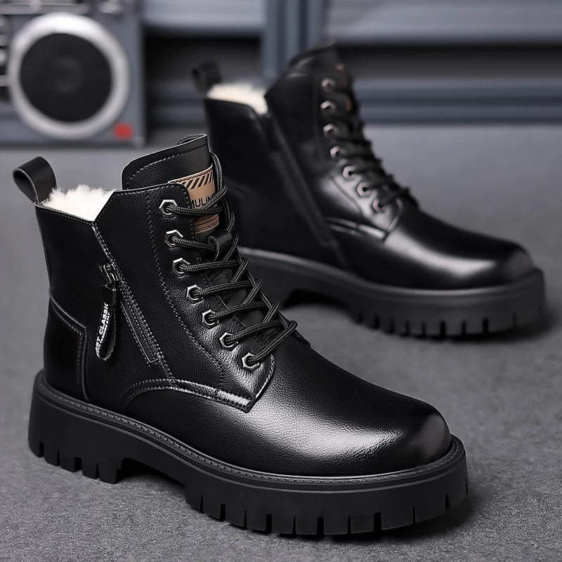 Autumn winter classic warm snow boots men's thick soles non-slip work boots men's outdoor casual shoes big head leather shoes - Sun Studio