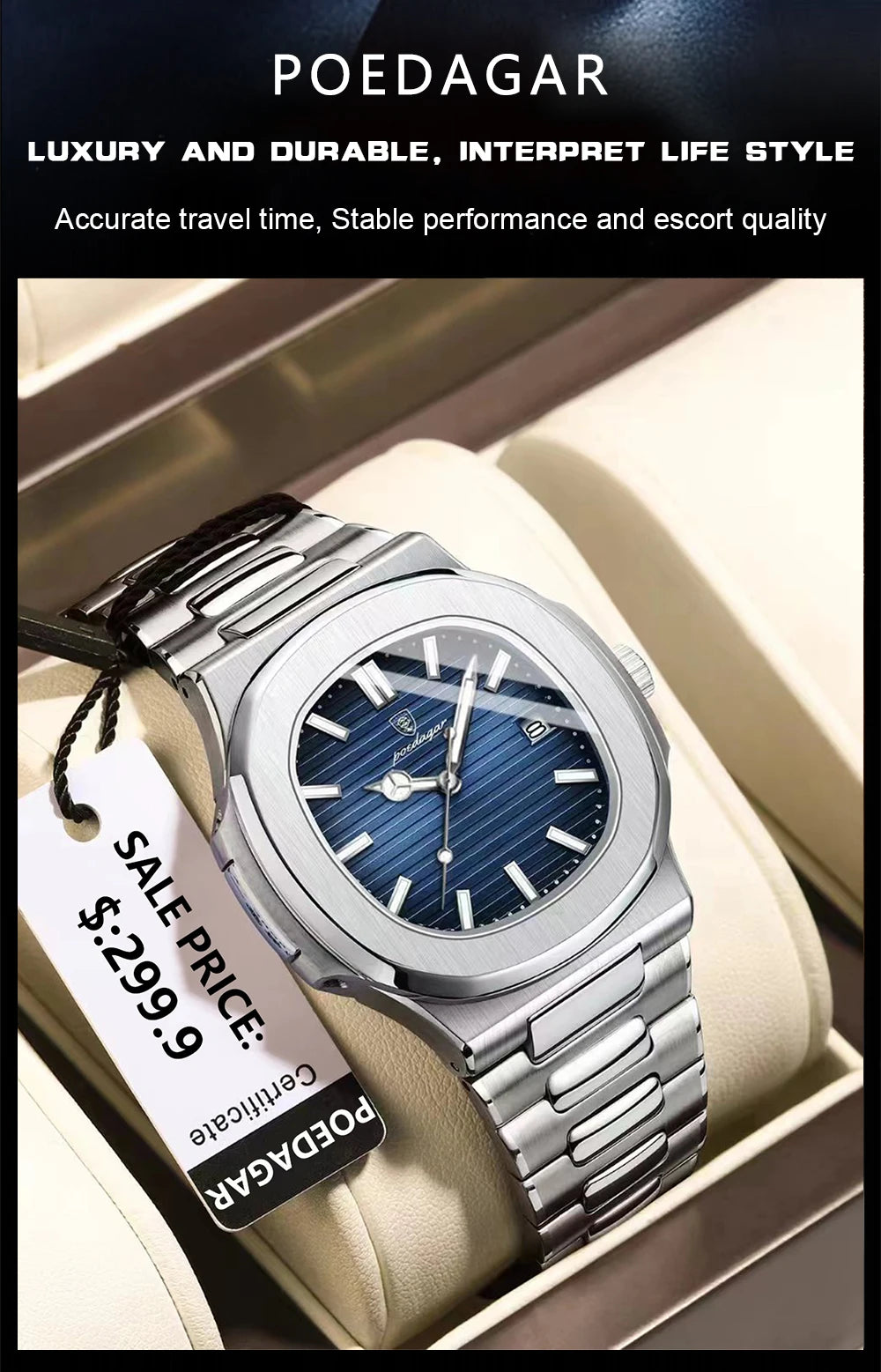 POEDAGAR Square Luxury Men Wristwatch Waterproof Luminous Date Stainless Steel Male Clock Business Sports Quartz Watches For Men - Sun Studio