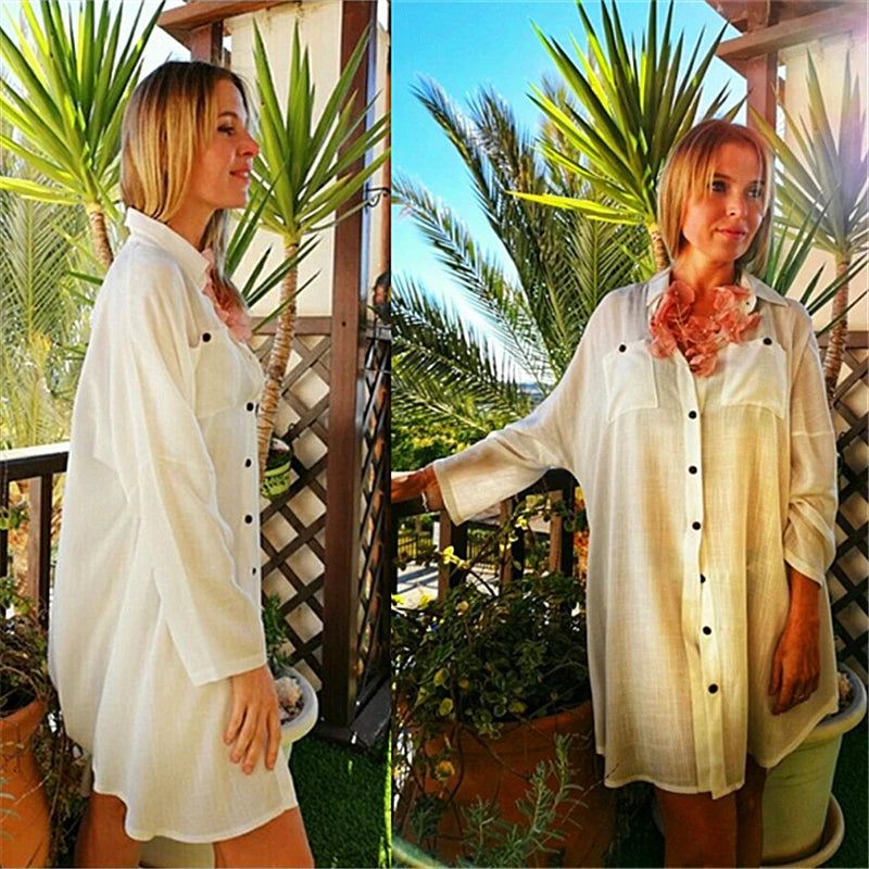 Women Summer Fashion Beach Tops Swimsuit Cover Up Summer Long Sleeve White Pocket Button Front Open Shirt Dress N648 - Sun Studio