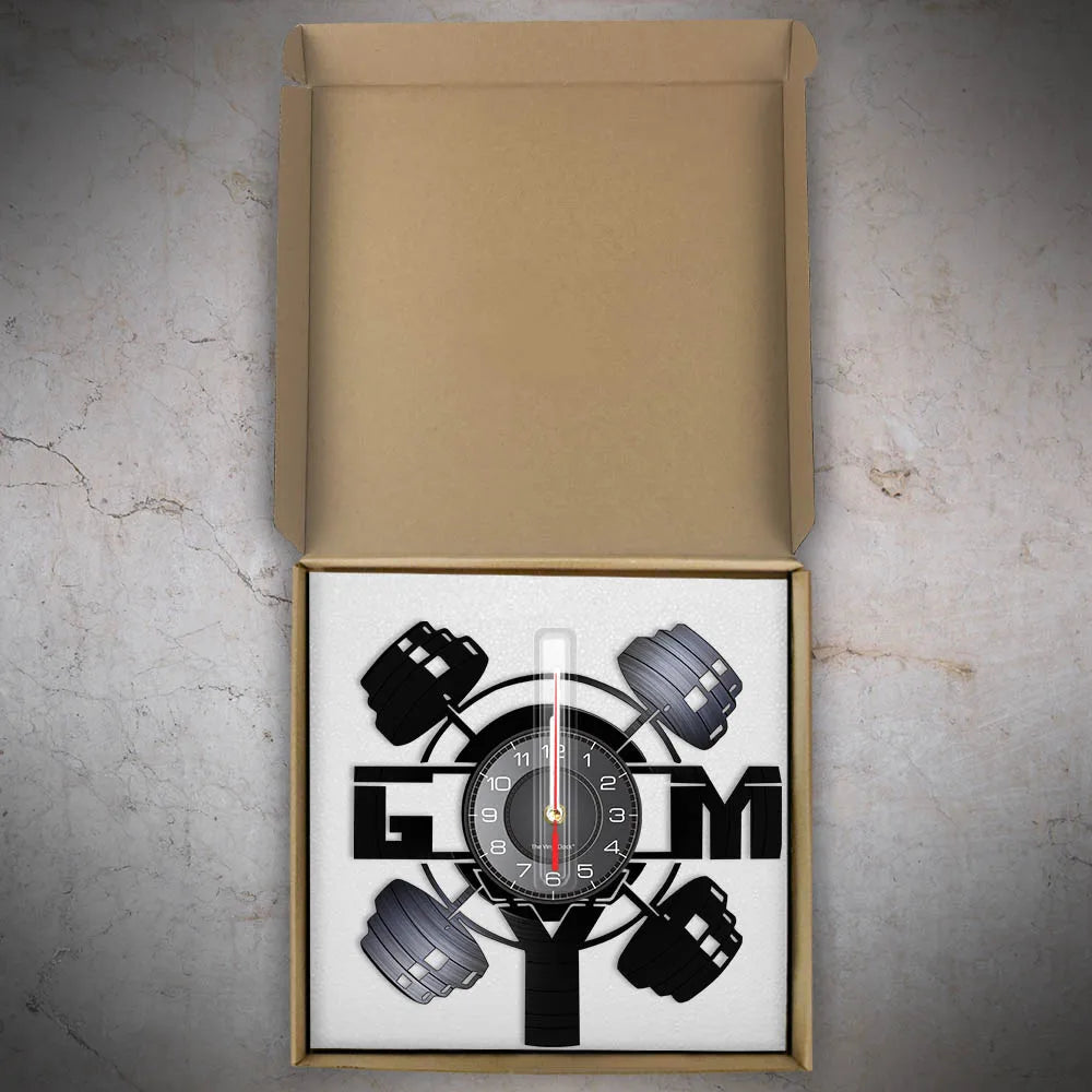 Fitness Equipment Theme Vinyl Record Fitness Wall Clock Home Decoration LED Backlight Modern Fitness Watch - Sun Studio