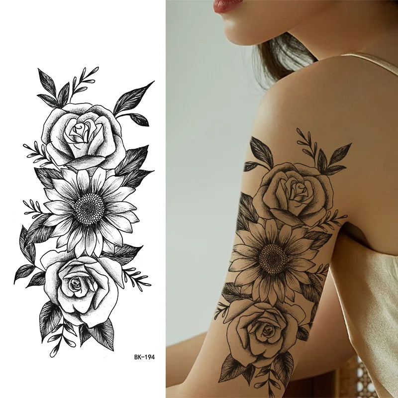 Black White Temporary Transfer Tattoos Floral Butterfly Lettering Line Art Waterproof Body Stickers for Music Festival Party