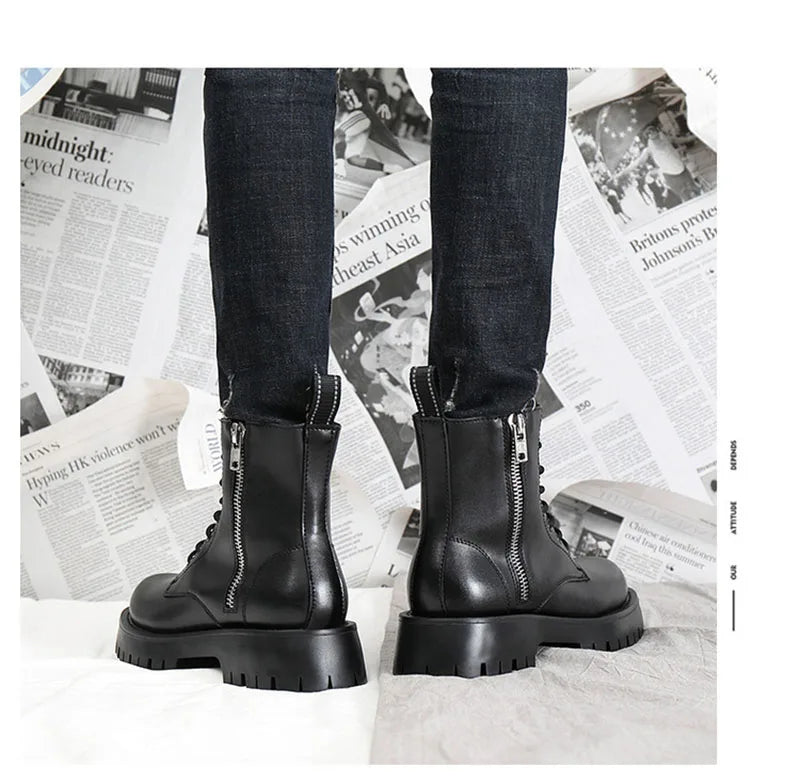 2025 Autumn Winter Shoes Men Leather Boots Thick Sole Non-slip Warm Plush Cold Winter Cow Leather Male Ankle Botas Black KA4867 - Sun Studio