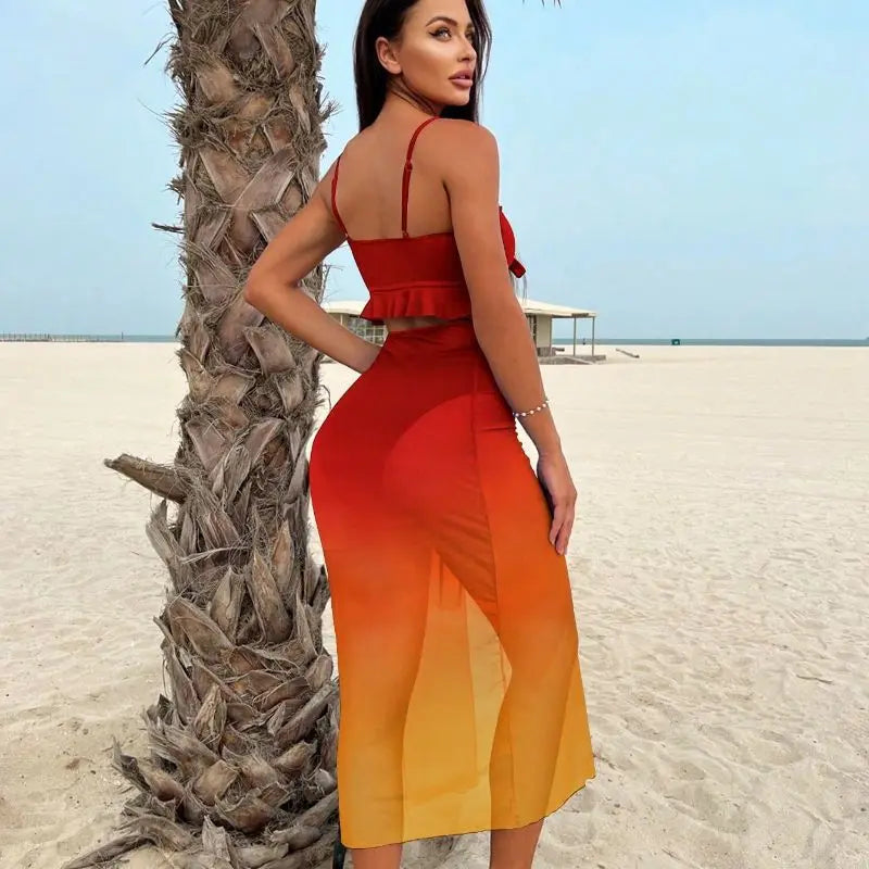 Cikini Sexy Gradient Color Three Piece Swimsuit Mesh Bikinis Set Summer Beach Swimwear Bathing Suit For Women - Sun Studio