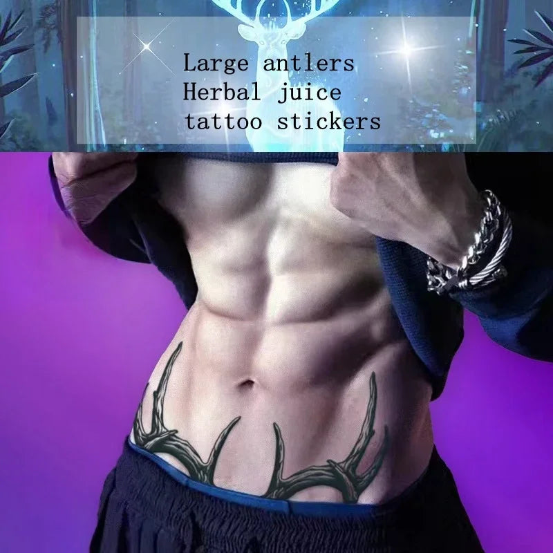A Pair of Antler Herbal Juice Tattoo Stickers Abdomen Waterproof Semi-permanent Fake Tattoos Men Women Personality Faux Tatouage - Sun Studio