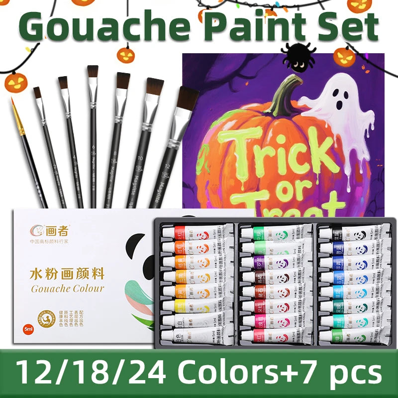 Gouache Paint Set, 12/18/24 Colors, 7 Paint Brushes, Suitable for Back to School, Art Supplies for Adults, 5ml/0.17oz Tubes - Sun Studio