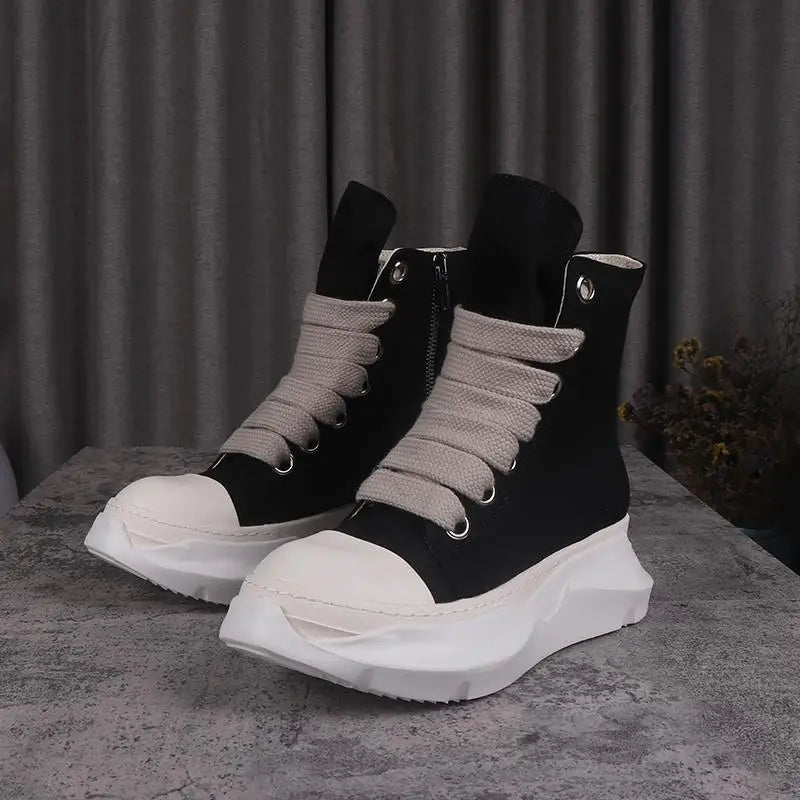 Men Women High-TOP Shoes Casual Canvas Platform Heel Sneakers Luxury Designer Jumbo Lace Up Zip Autumn Black Boots - Sun Studio