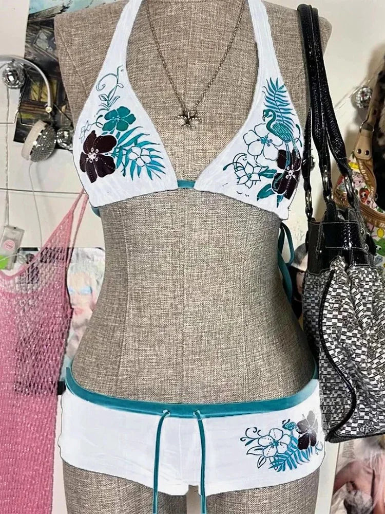 Vintage Flower print Cutie set Bikini 2000s Swimsuit Sexy Women Bathing Fashion Halter Strap Swimwear High Street Beach Female - Sun Studio