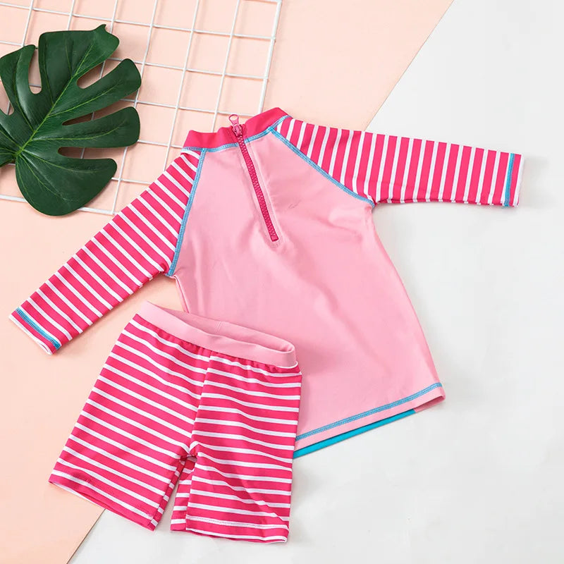 Girls Cute Cartoons Unicorns Split Swimsuit Set For 1-7Years Kids Long Sleeves Bathing Suit+Boxer Shorts+Hat Three-piece Set - Sun Studio