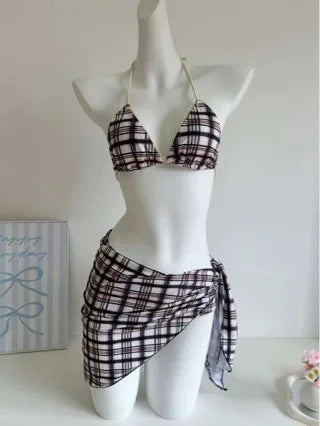 Low-Waist Plaid Bikini with Drawstring Strap Thermal Spring Swimsuit Women's Fashionable Vintage Lace Detailing By-Jane - Sun Studio