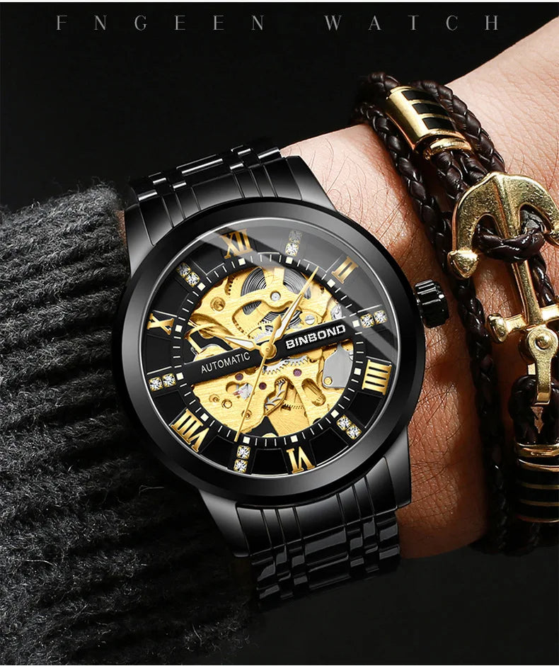 Bindond Mens Automatic Mechanical Watches Top Brand Luxury Stainless Steel Waterproof Hollow Male Wristwatches Relogio Masculino - Sun Studio