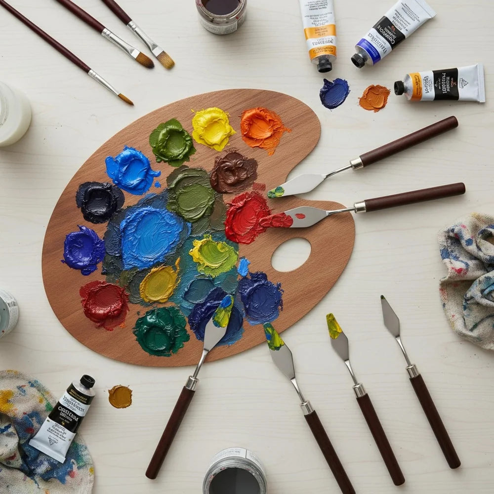 5Pcs Blue Palette Knife Set, Stainless Steel Oil Painting Scrapers, Watercolor Acrylic Paint Mixing Knives, Professional Art - Sun Studio