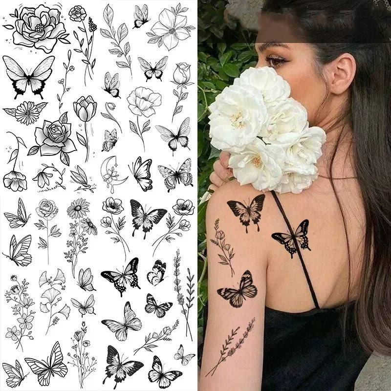 Rose Blossom Tattoo Temporary Waterproof Butterfly Fake Tattoo for Woman Black Flower Sketch Tattoo Sticker - Sun Studio