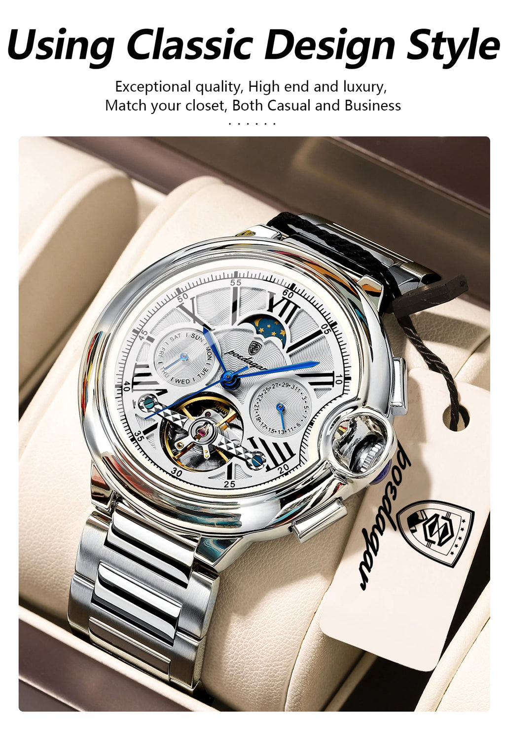 POEDAGAR Luxury Male Watch Business Date Week Stainless Steel Tourbillon Men Clock Waterproof Automatic Mechanical Men's Watches - Sun Studio