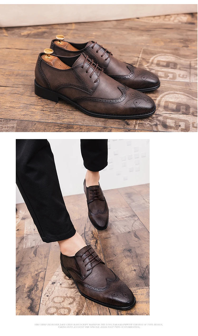 Lace-up casual leather shoes Men's wedding carved Brogues men's formal business pointed shoes Groom's leather shoes - Sun Studio