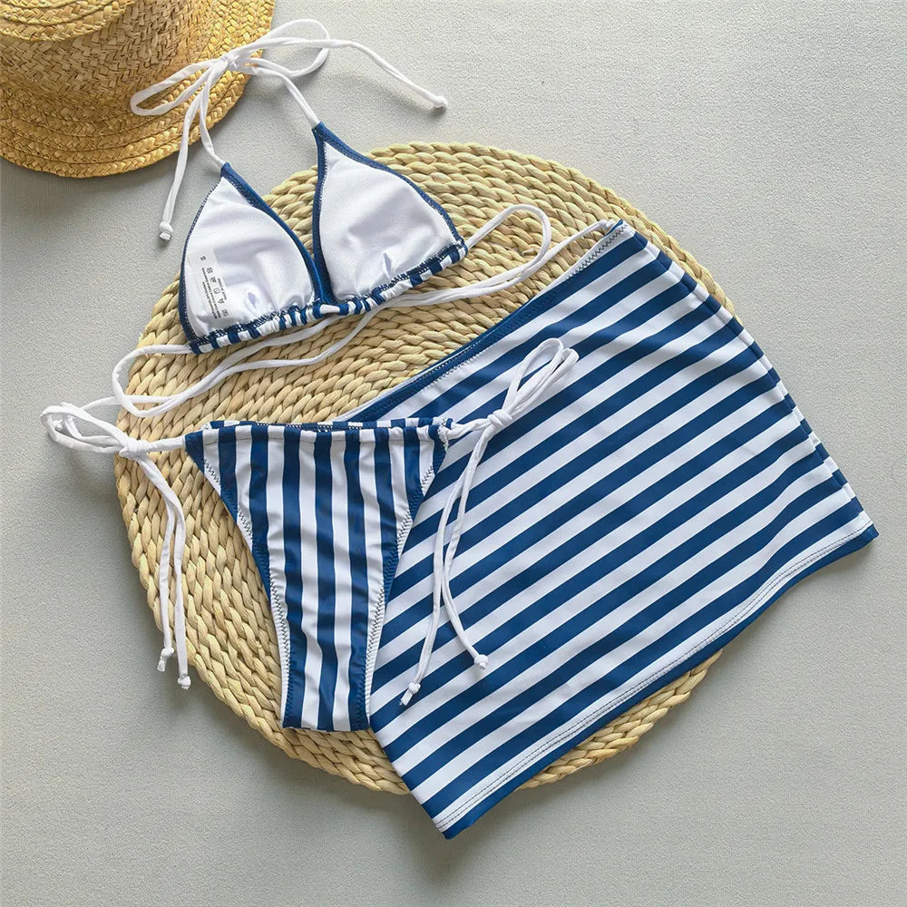 Blue Striped Print String Halter Micro Bikini Thong Sexy Swimsuit Cover Ups Women Holiday Swimwear Beach Wear Bikinis Sets 2026 - Sun Studio