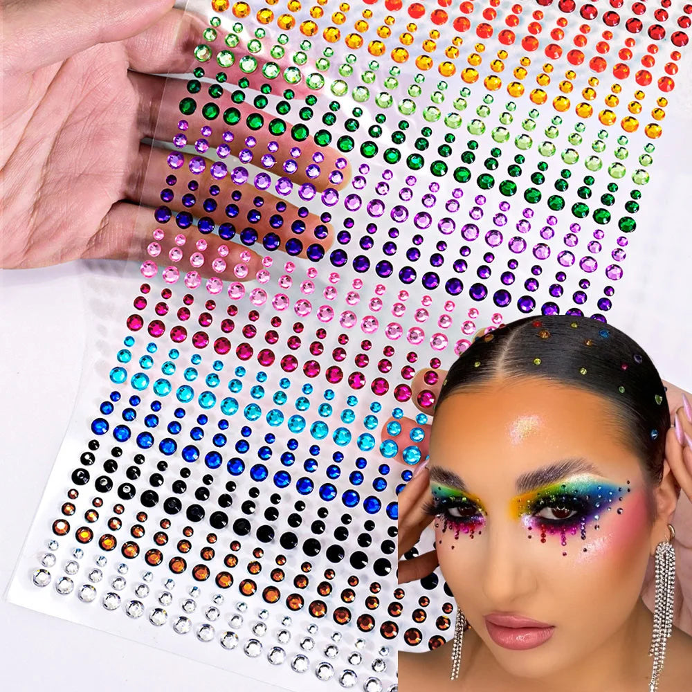 162/216/900pcs Eye&Face&Body Diamond Tattoos Stickers 3/4/5/6mm Colored Glitter Rhinestone Tattoo for Party Makeup Gem Accessory - Sun Studio