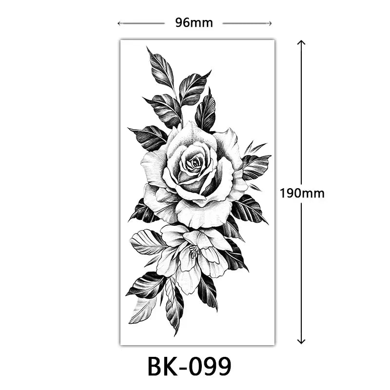 Rosenblüten-Tattoo Temporäres wasserdichtes Schmetterlings-Fake-Tattoo für Frauen Schwarzes Blumen-Skizzen-Tattoo-Aufkleber