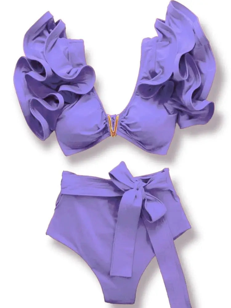 Floral Ruffled Hem Bikini Set Women Flora V-Neck High-Waisted Two Piece Swimsuit 2025 Girl Beach Bathing Suit Swimwear Biquinis - Sun Studio