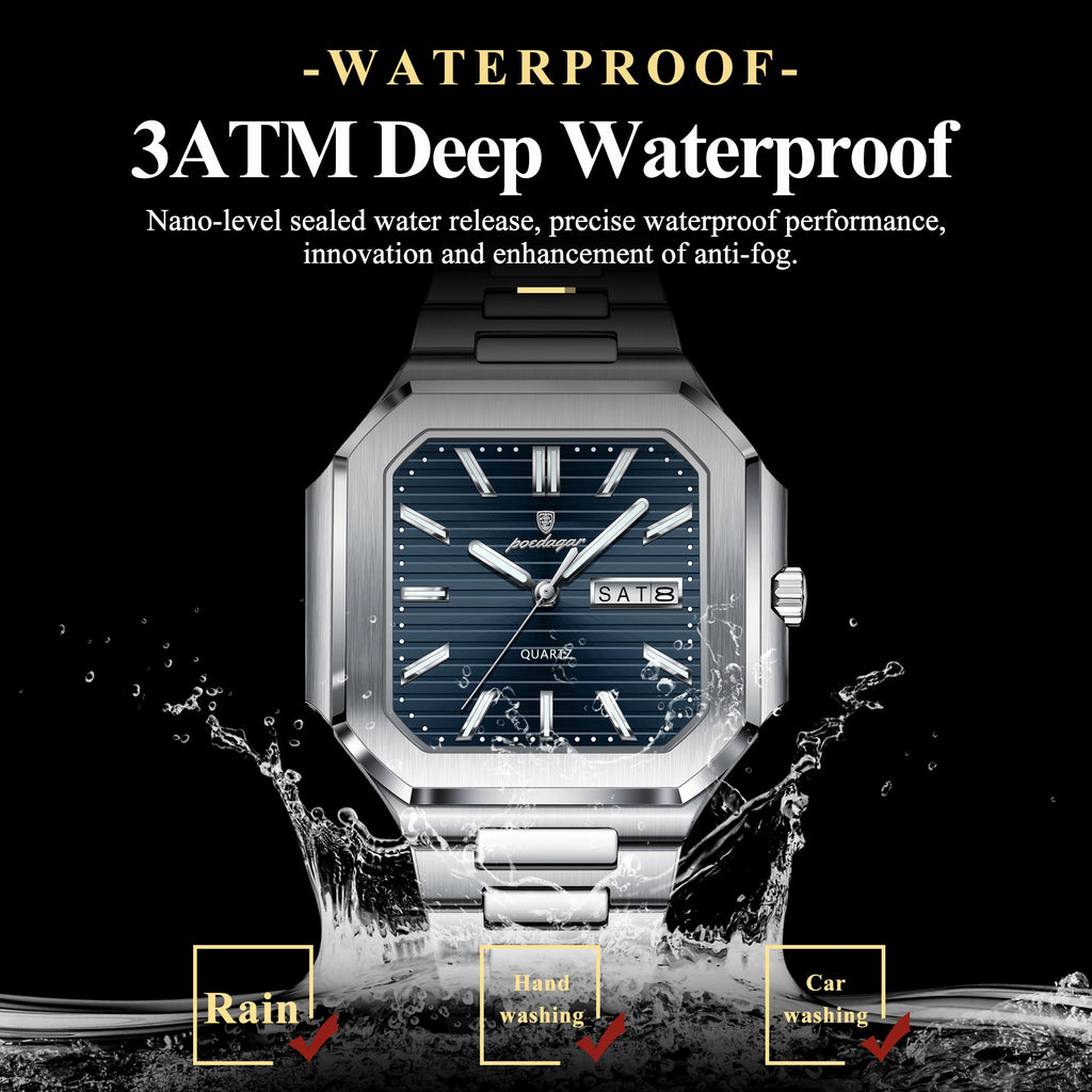 POEDAGAR Square Fashion Man Wristwatch Waterproof Luminous Date Week Quartz Men's Watches Stainless Steel Luxury Men Watch Reloj - Sun Studio
