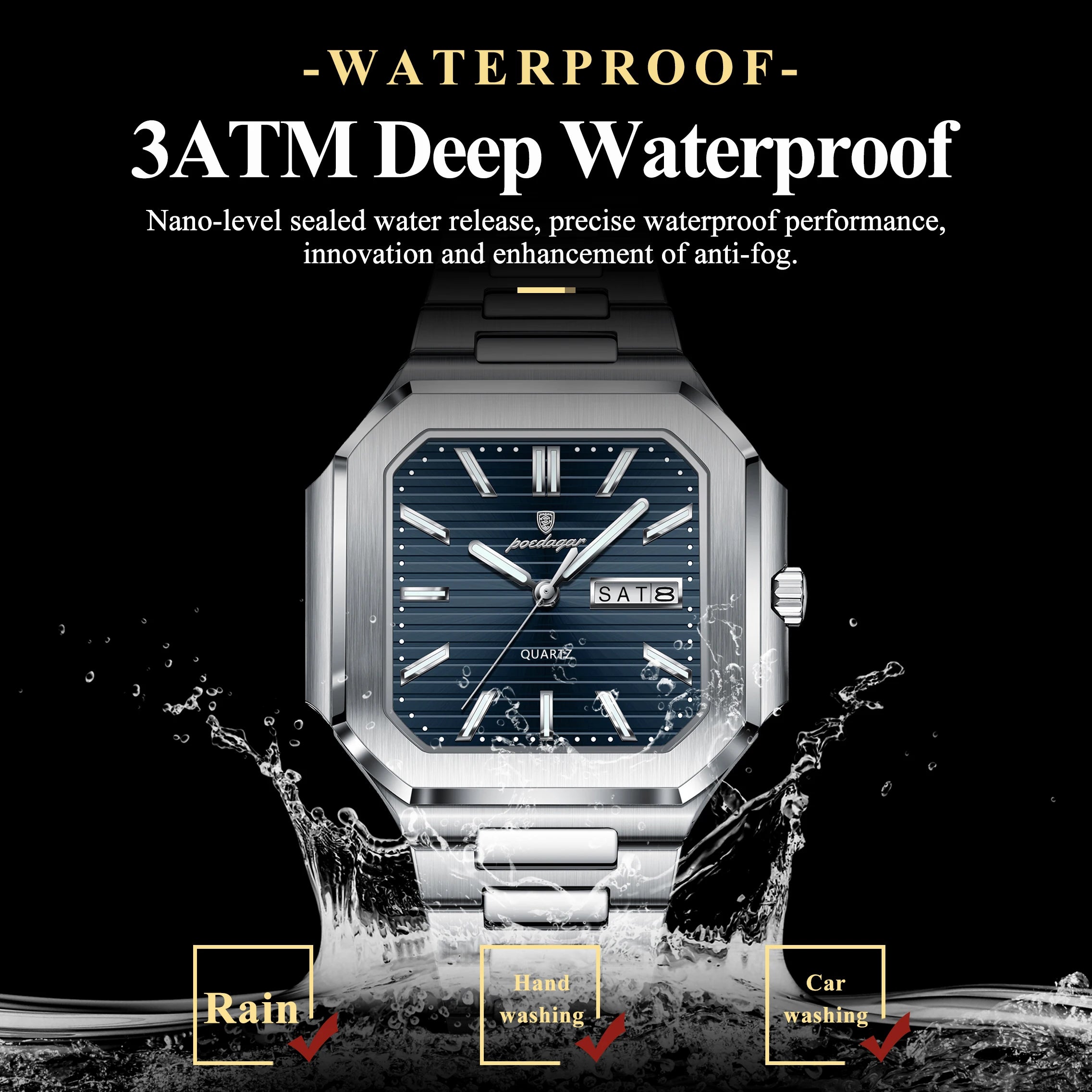POEDAGAR Square Fashion Man Wristwatch Waterproof Luminous Date Week Quartz Men's Watches Stainless Steel Luxury Men Watch Reloj - Sun Studio