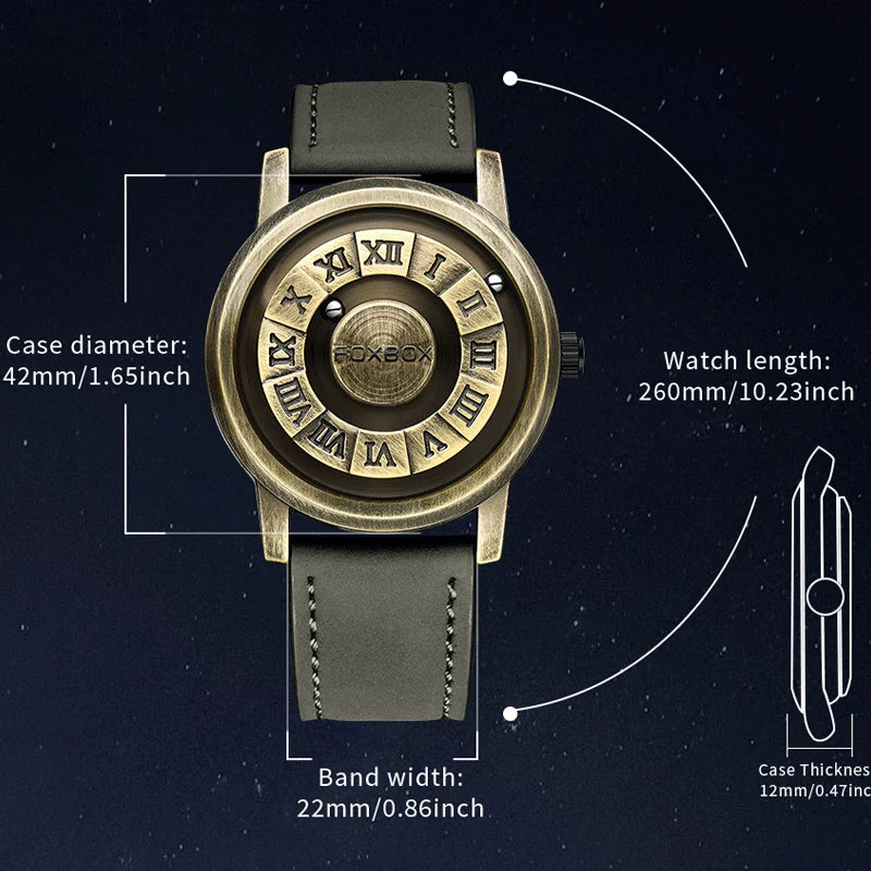 FOXBOX Men's Quartz Watch Fashion Personality Creative Scrolling Iron Ball Magnetic Pointer Waterproof for Male Watches Gift+Box - Sun Studio