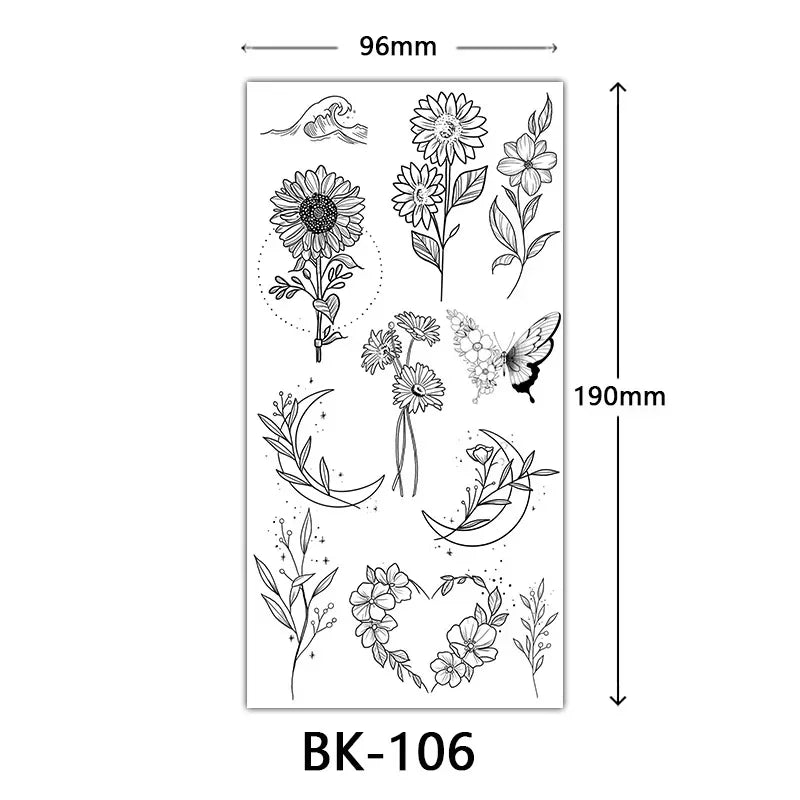 Rosenblüten-Tattoo Temporäres wasserdichtes Schmetterlings-Fake-Tattoo für Frauen Schwarzes Blumen-Skizzen-Tattoo-Aufkleber