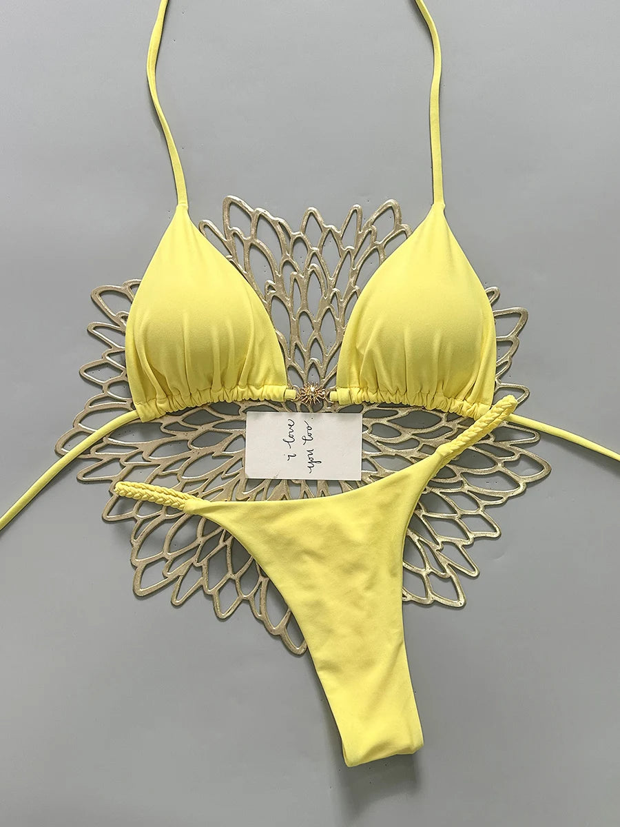 2026 Women's Bikini Swimsuit Women's Split Solid Color Lace-up Sexy Swimsuit 2-piece Set Micro Swimwear - Sun Studio