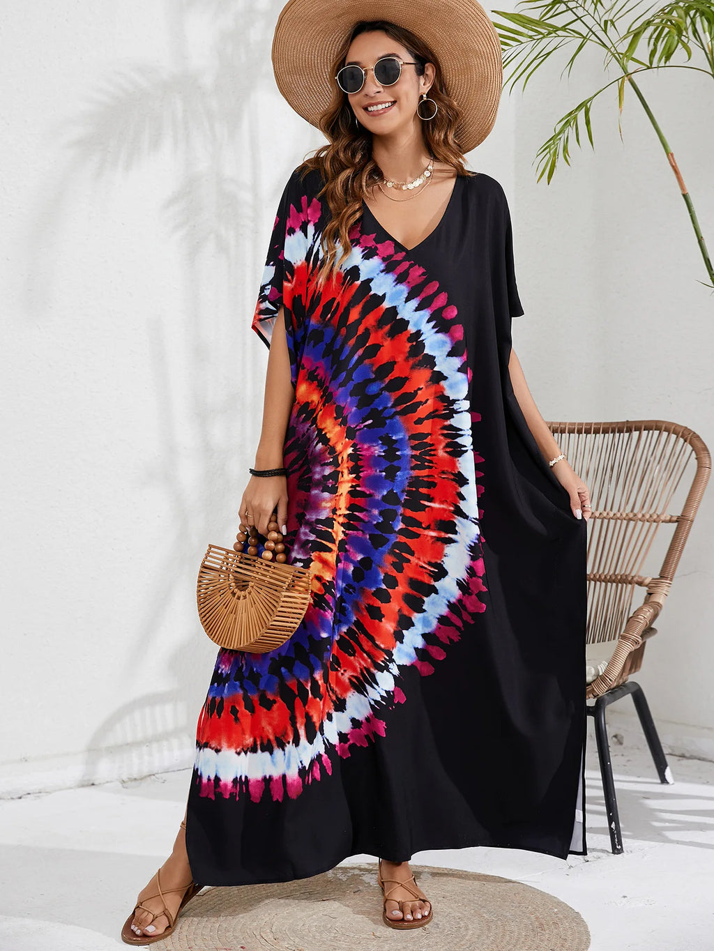 Kaftan Dresses for Women Plus Size Tie Dye Batwing Sleeve Caftans Swimsuit Coverup Maxi Dress Loungewear - Sun Studio