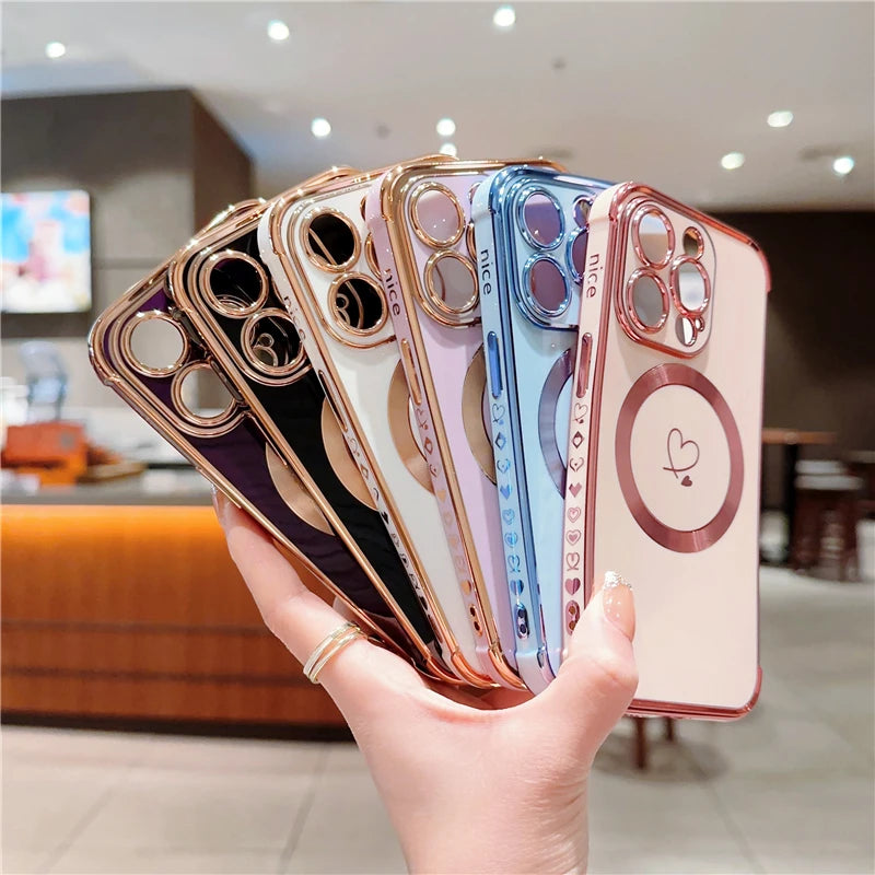 For iPhone 15 Pro Max Luxury Magsafe Magnetic Cute Plating Frame Phone Case For iPhone 11 12 13 14 15 16 Plus 17 Air Back Cover - Sun Studio