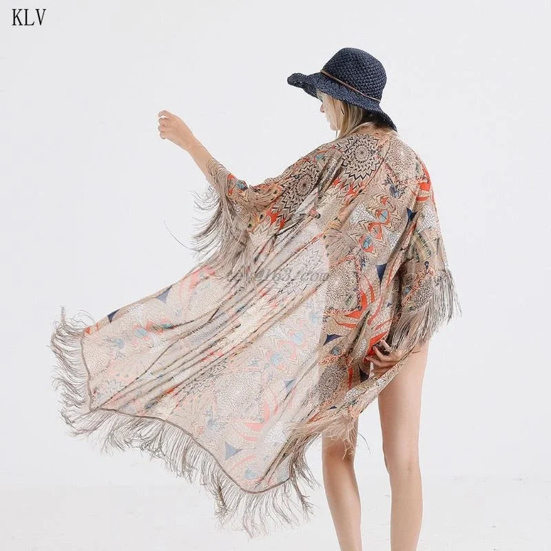 2021 Retro Printed Half Sleeve Cardigan Kimono Boho Fringed Tassels Cover Up Ankle Length Cape Beach Swimsuit - Sun Studio
