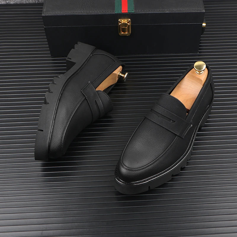 men casual genuine leather shoes slip-on driving shoe business wedding formal dress black trendy platform loafers mans footwear - Sun Studio