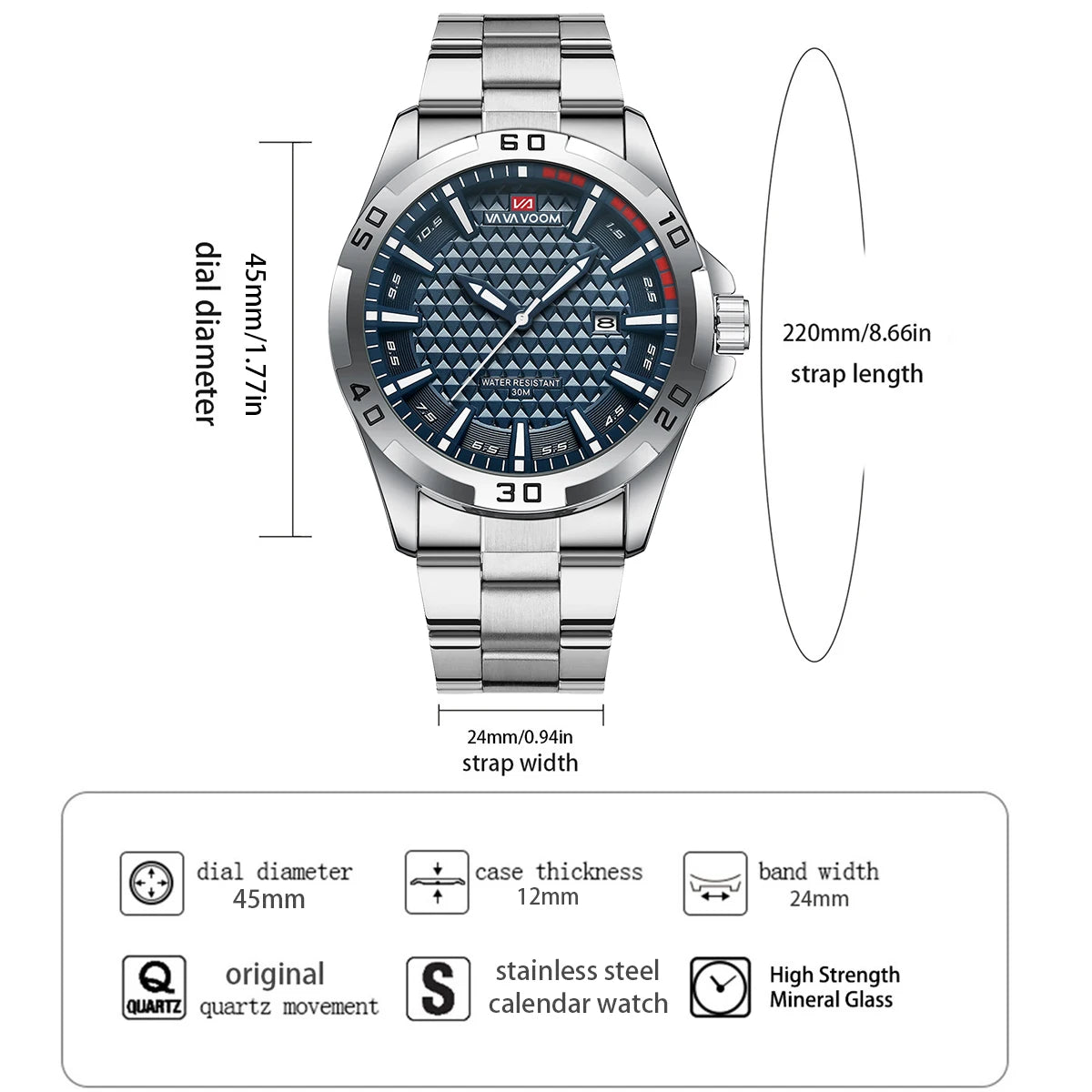VA VA VOOM Mens Casual Sport Military Quartz Calendar Watches for Man Business Stainless Steel Waterproof Clock Relogio Masculin - Sun Studio