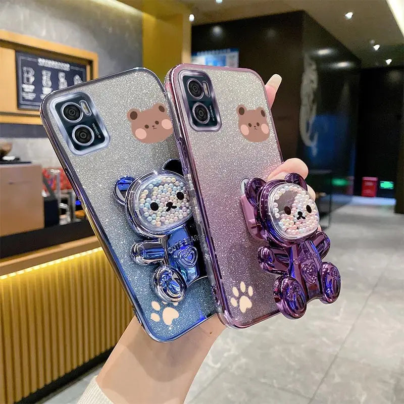 E 7 E 13 Glitter Bling Bear Phone Holder Case On For Motorola Moto E7 Plus Power E13 E20 E22 E22i E32 EDGE 20 30 Stand Cover - Sun Studio
