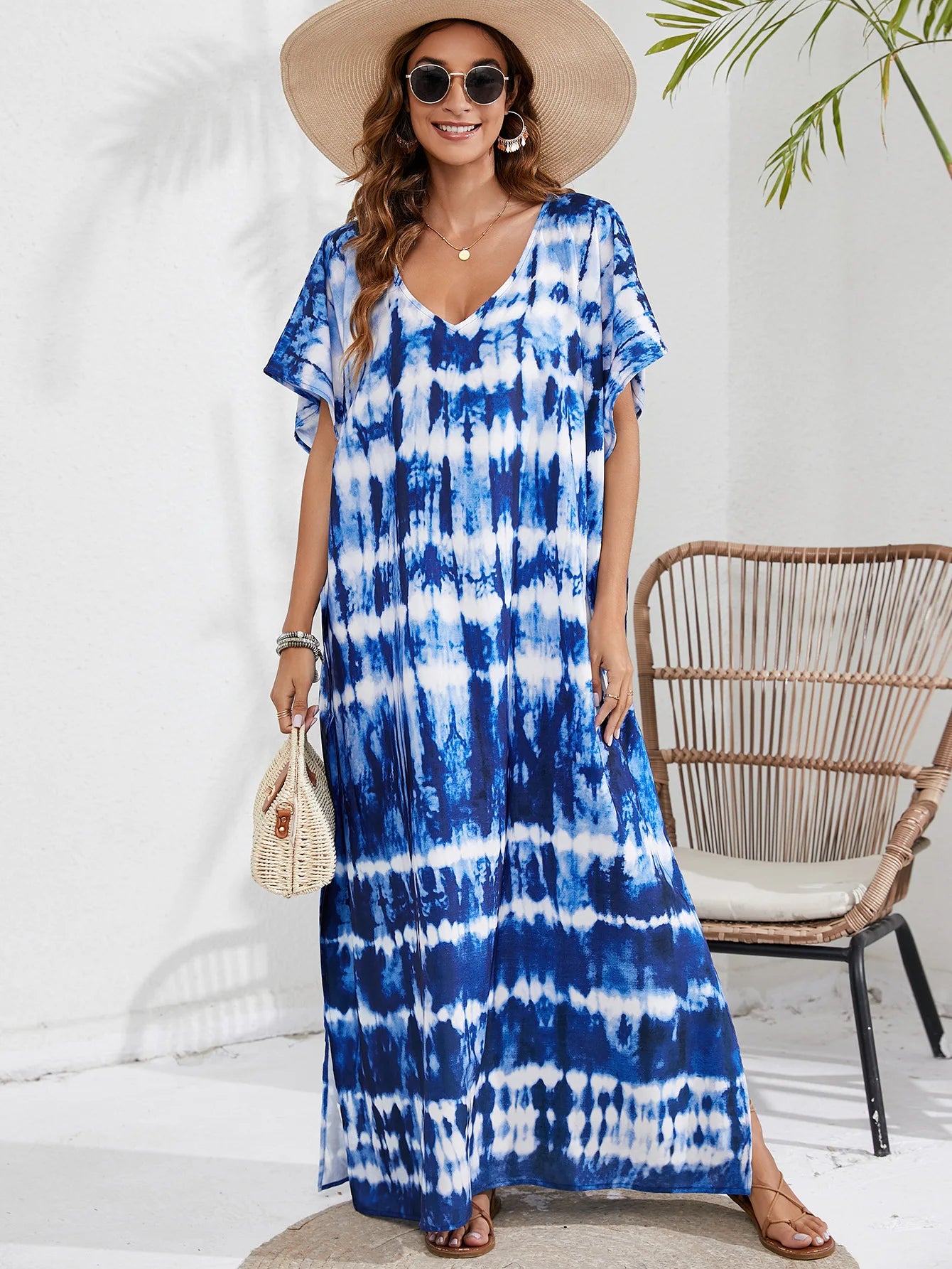 Kaftan Dresses for Women Plus Size Tie Dye Batwing Sleeve Caftans Swimsuit Coverup Maxi Dress Loungewear - Sun Studio