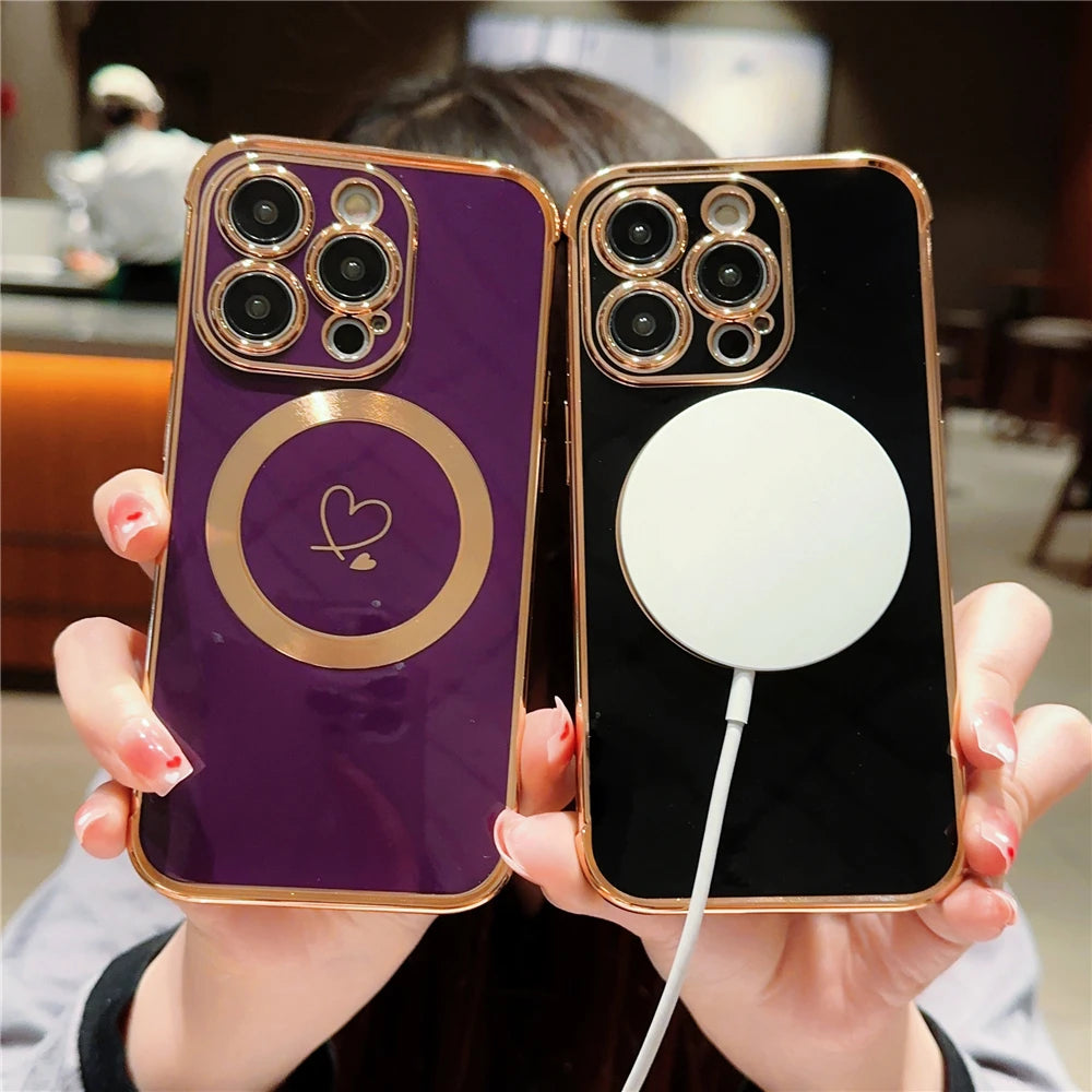 For iPhone 15 Pro Max Luxury Magsafe Magnetic Cute Plating Frame Phone Case For iPhone 11 12 13 14 15 16 Plus 17 Air Back Cover - Sun Studio