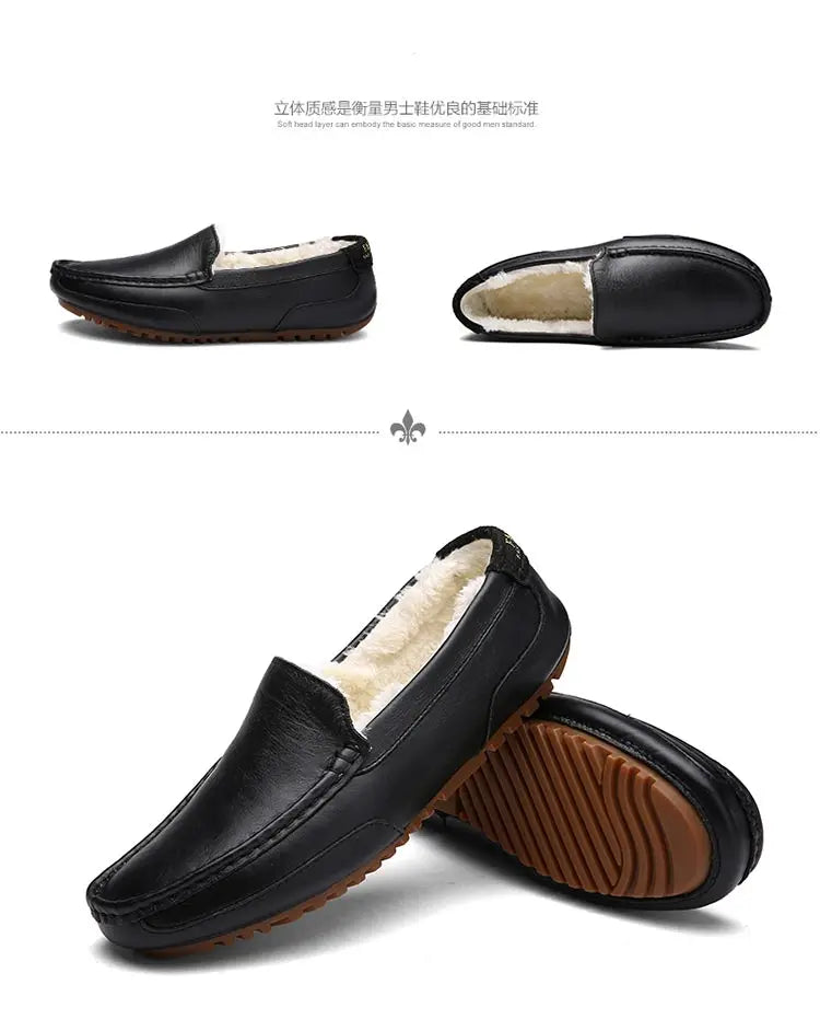 Winter Fur Loafers Men Casual Shoes Cotton Leather Dress Shoes Slip-on Flats Plush Man Moccasins Fleece Lined Driving Shoes