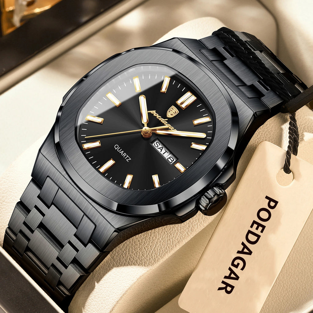 POEDAGAR Luxury Square Men's Watches Waterproof Luminous Date Week Men Watch Stainless Steel Fashion Quartz Man Wristwatch Reloj - Sun Studio