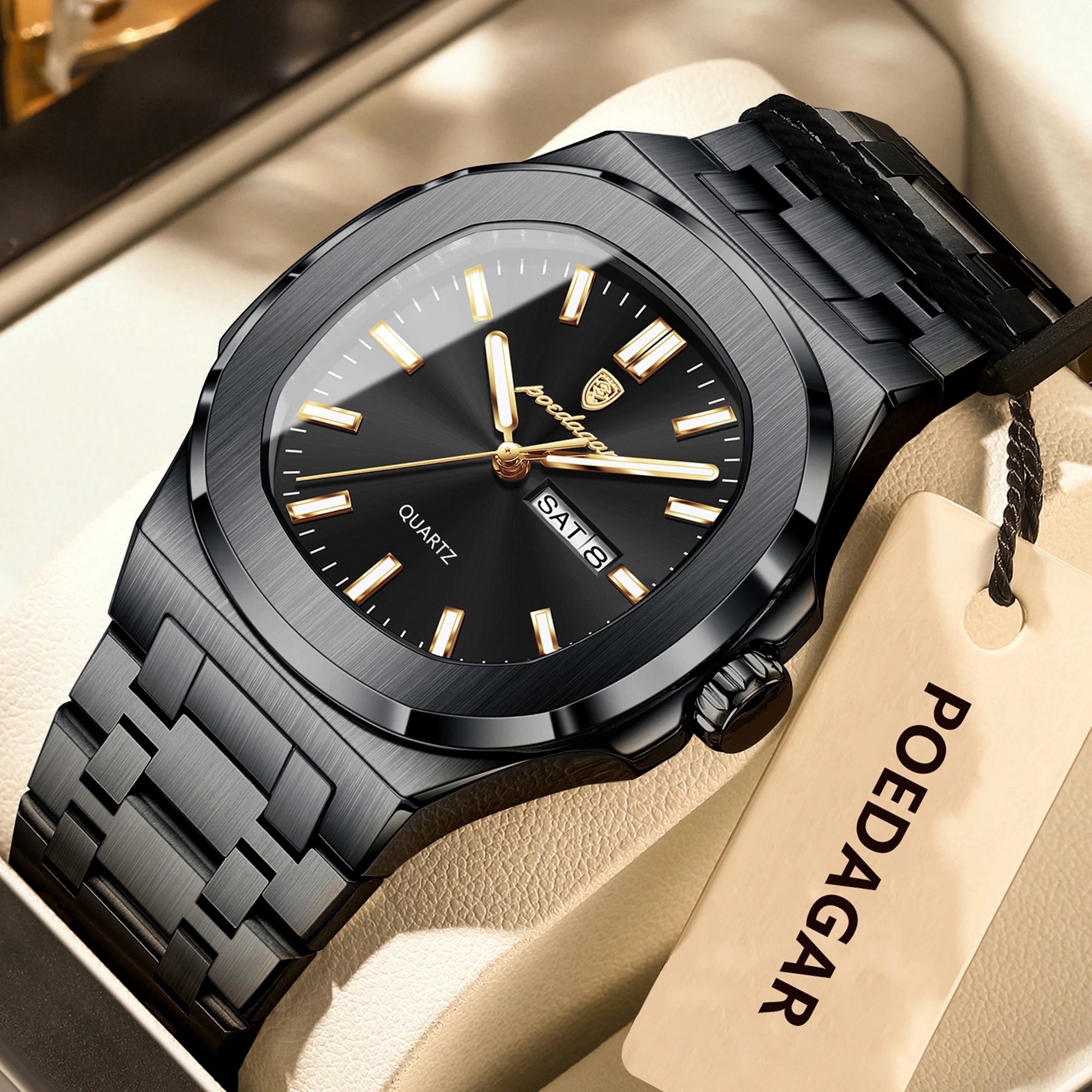 POEDAGAR Luxury Square Men's Watches Waterproof Luminous Date Week Men Watch Stainless Steel Fashion Quartz Man Wristwatch Reloj - Sun Studio